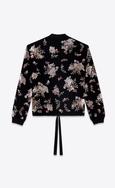 SAINT LAURENT Casual Jackets Man varsity black velvet jacket with hand-embroidered flowers b_V4